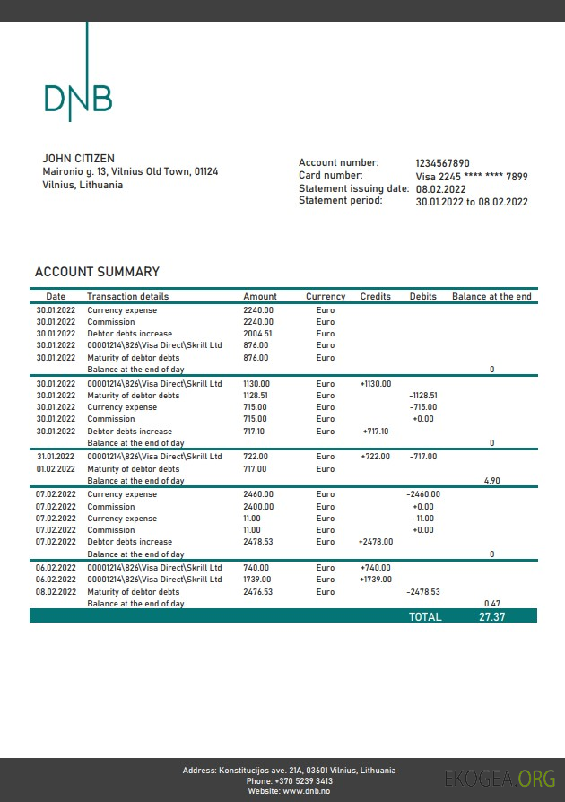 Relevé bancaire de Lituanie DNB (Litva)